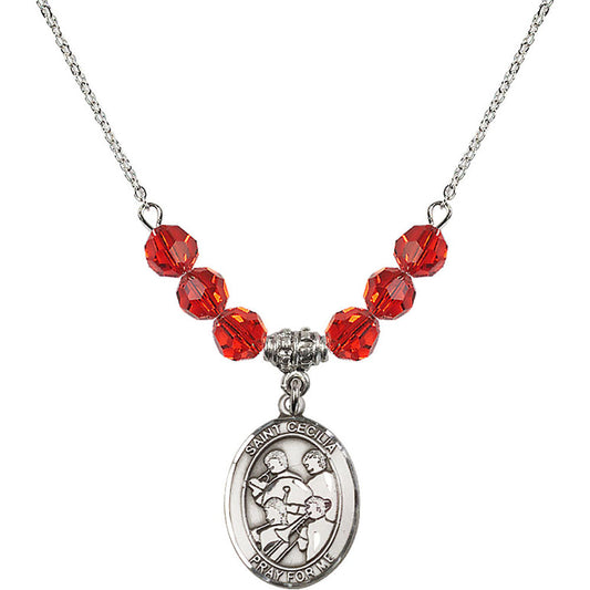 Sterling Silver Saint Cecilia / Marching Band Birthstone Necklace with Ruby Beads - 8179