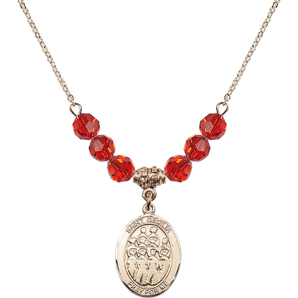 14kt Gold Filled Saint Cecilia / Choir Birthstone Necklace with Ruby Beads - 8180