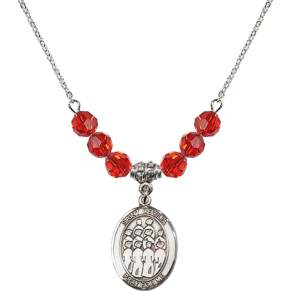 Sterling Silver Saint Cecilia / Choir Birthstone Necklace with Ruby Beads - 8180