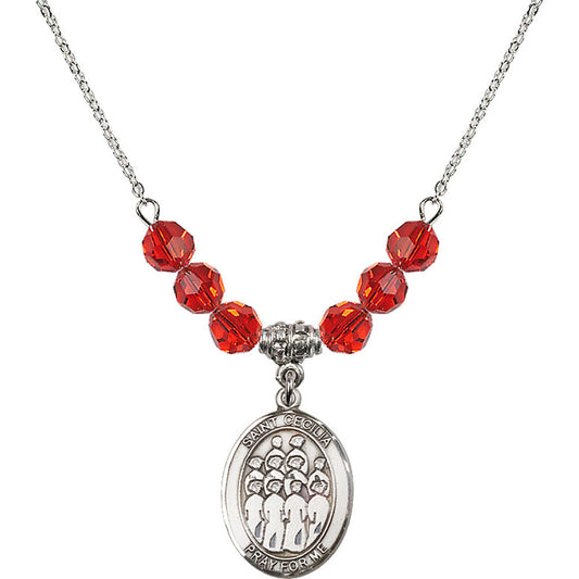 Sterling Silver Saint Cecilia / Choir Birthstone Necklace with Ruby Beads - 8180