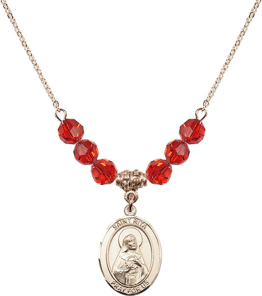 14kt Gold Filled Saint Rita / Baseball Birthstone Necklace with Ruby Beads - 8181