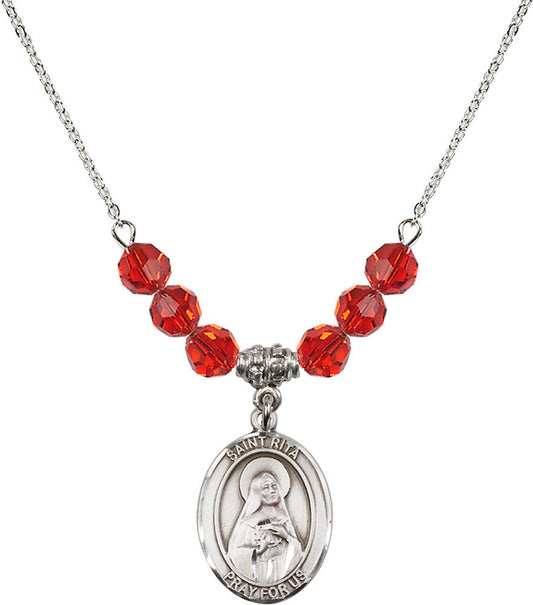 Sterling Silver Saint Rita / Baseball Birthstone Necklace with Ruby Beads - 8181