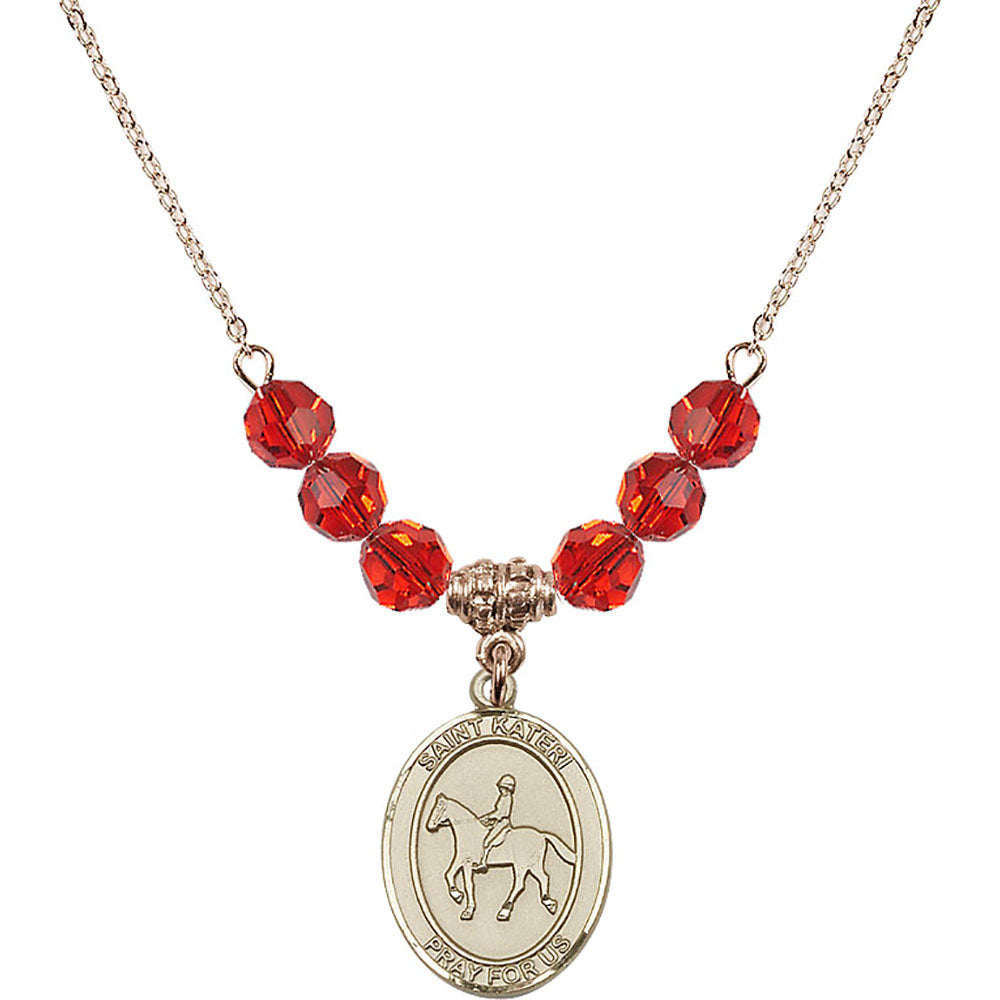 14kt Gold Filled Saint Kateri/Equestrian Birthstone Necklace with Ruby Beads - 8182