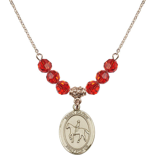 14kt Gold Filled Saint Kateri/Equestrian Birthstone Necklace with Ruby Beads - 8182