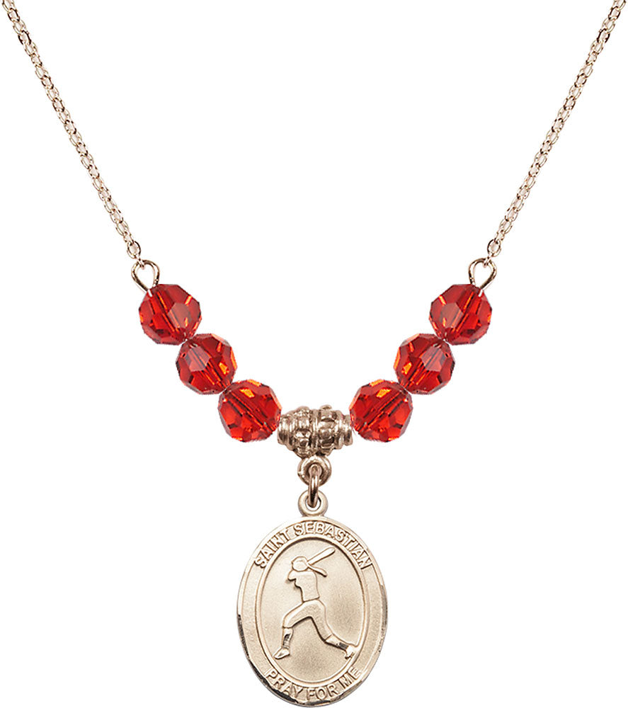 14kt Gold Filled Saint Sebastian / Softball Birthstone Necklace with Ruby Beads - 8183
