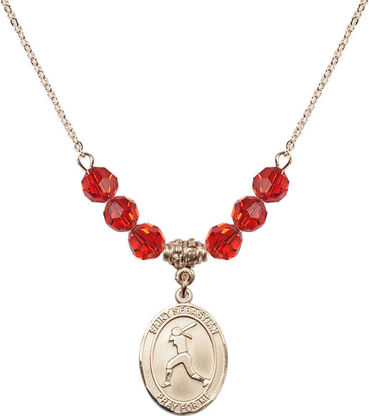 14kt Gold Filled Saint Sebastian / Softball Birthstone Necklace with Ruby Beads - 8183