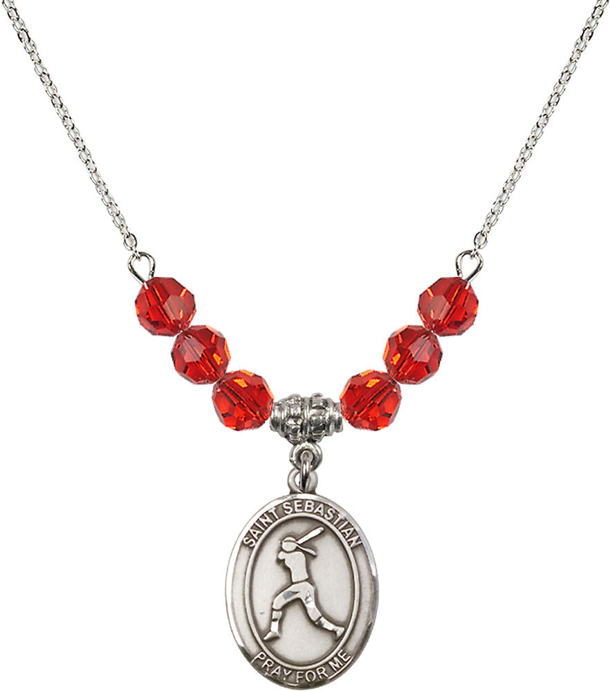 Sterling Silver Saint Sebastian / Softball Birthstone Necklace with Ruby Beads - 8183