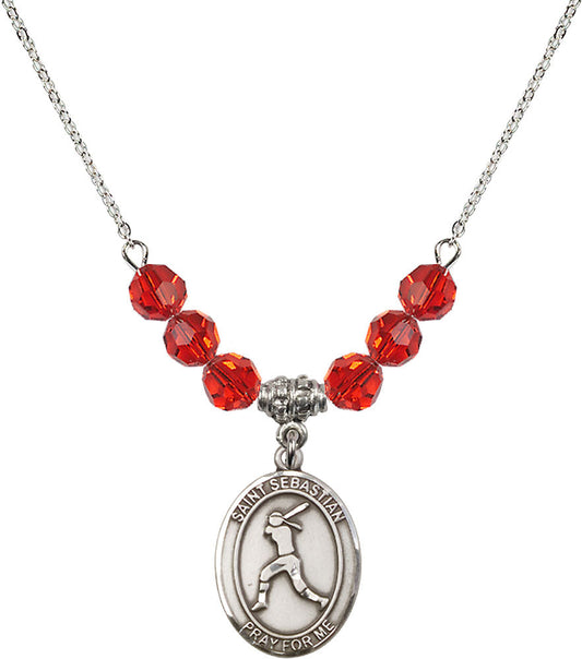 Sterling Silver Saint Sebastian / Softball Birthstone Necklace with Ruby Beads - 8183