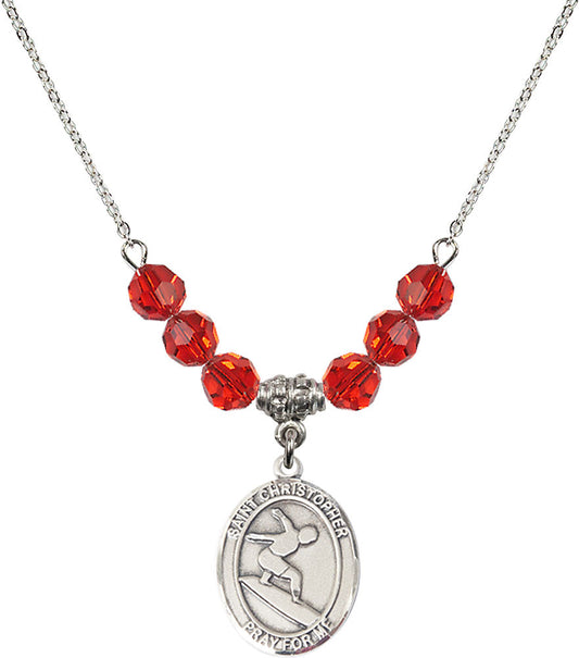 Sterling Silver Saint Christopher/Surfing Birthstone Necklace with Ruby Beads - 8184
