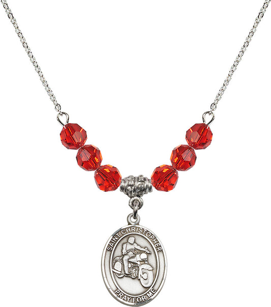Sterling Silver Saint Christopher/Motorcycle Birthstone Necklace with Ruby Beads - 8185