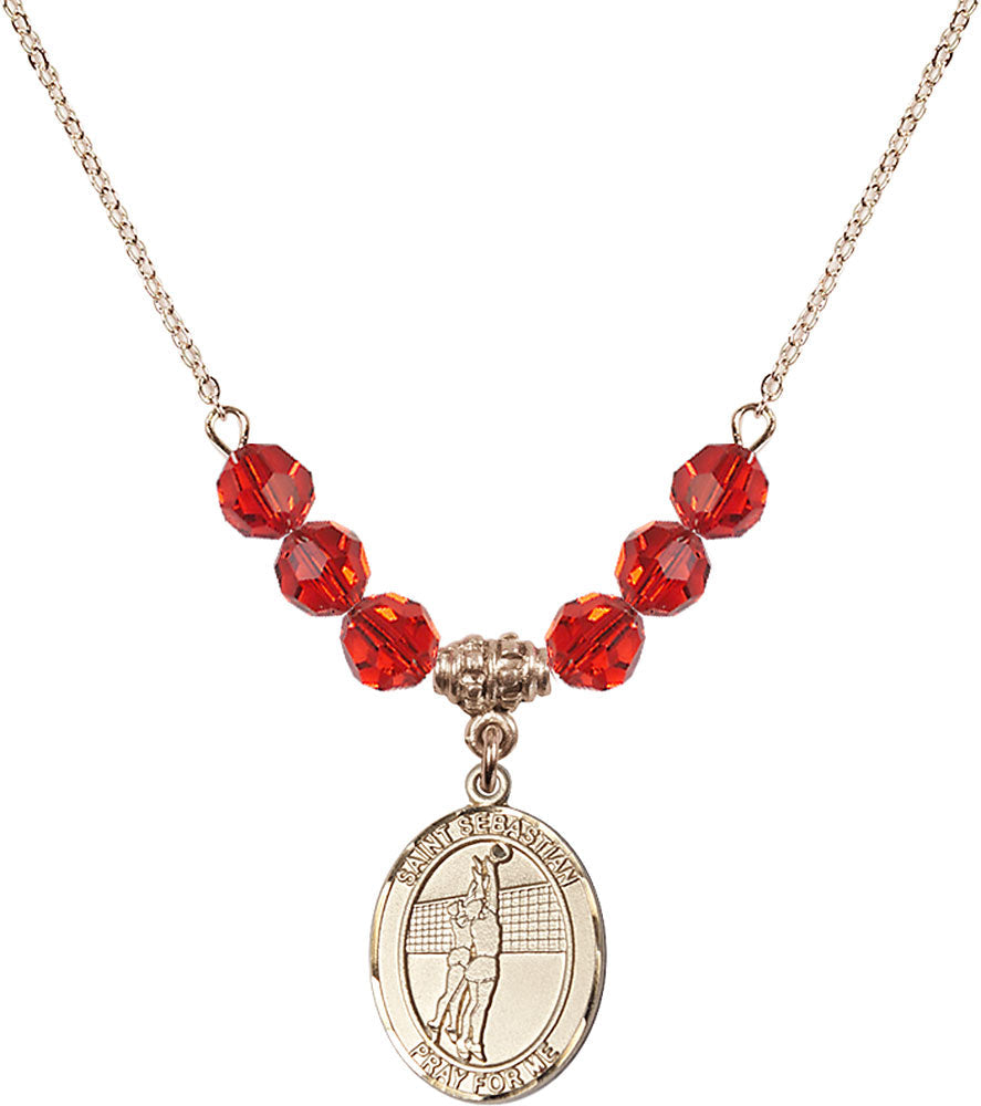 14kt Gold Filled Saint Sebastian / Volleyball Birthstone Necklace with Ruby Beads - 8186