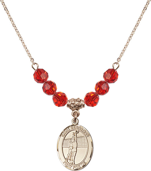 14kt Gold Filled Saint Sebastian / Volleyball Birthstone Necklace with Ruby Beads - 8186