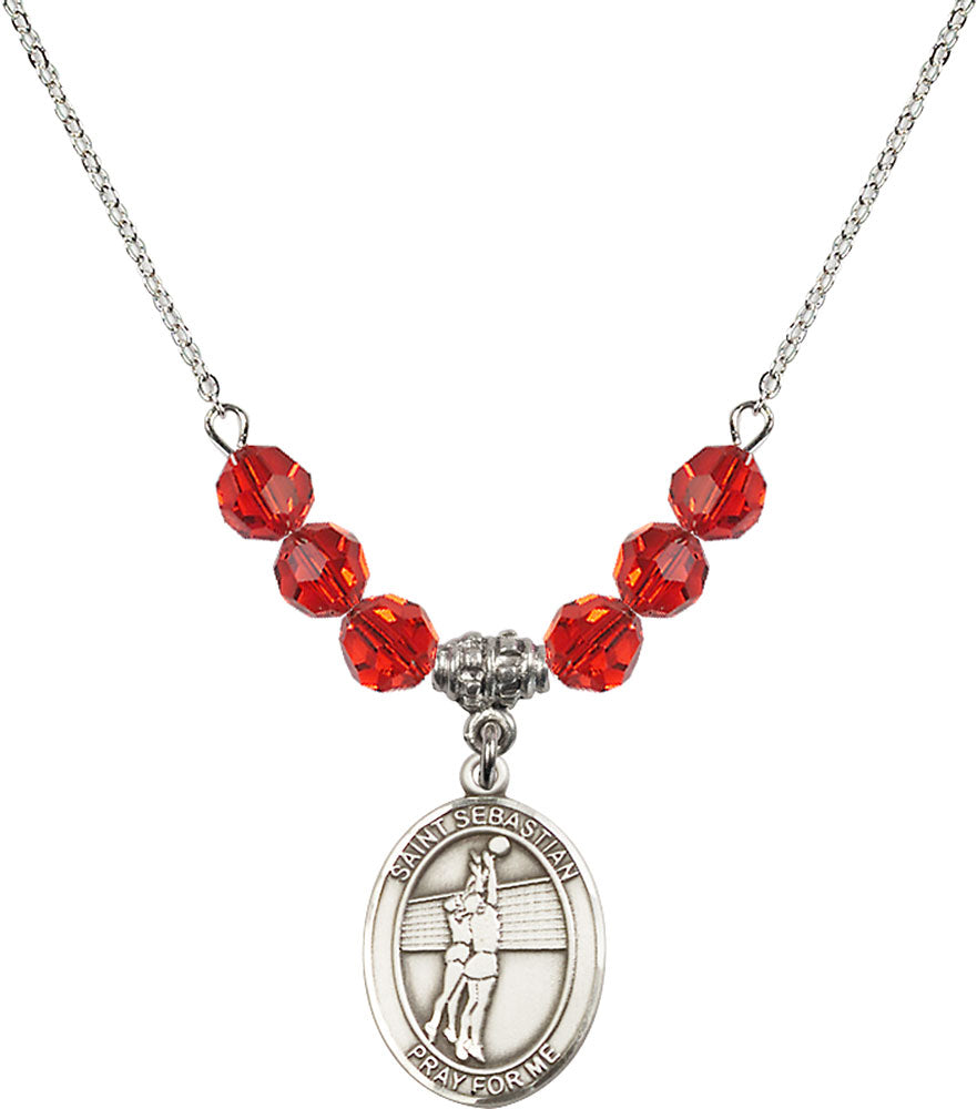 Sterling Silver Saint Sebastian / Volleyball Birthstone Necklace with Ruby Beads - 8186