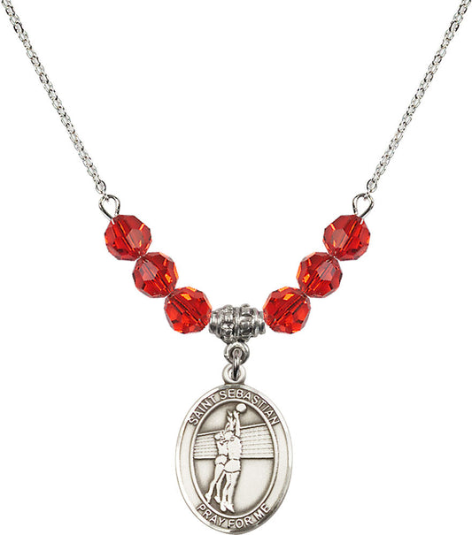 Sterling Silver Saint Sebastian / Volleyball Birthstone Necklace with Ruby Beads - 8186