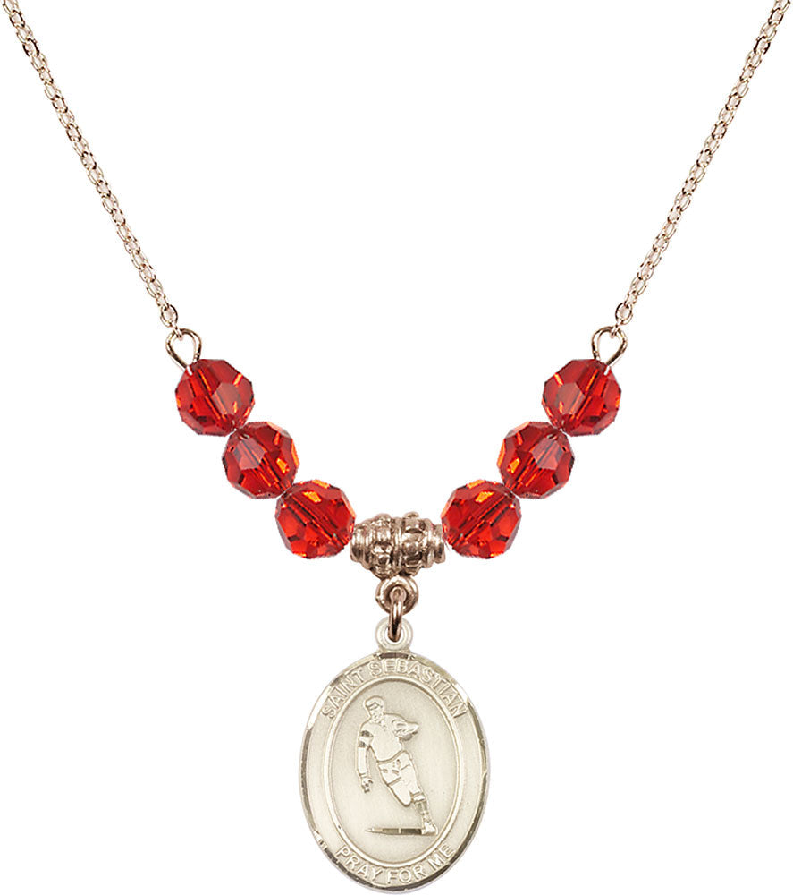 14kt Gold Filled Saint Sebastian / Rugby Birthstone Necklace with Ruby Beads - 8187