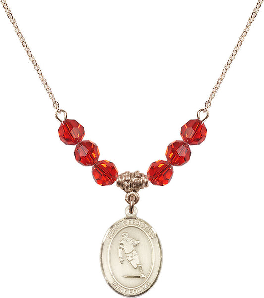 14kt Gold Filled Saint Sebastian / Rugby Birthstone Necklace with Ruby Beads - 8187