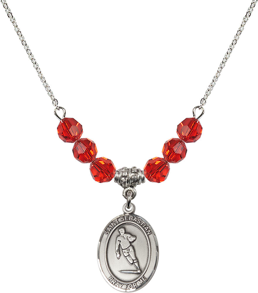 Sterling Silver Saint Sebastian / Rugby Birthstone Necklace with Ruby Beads - 8187