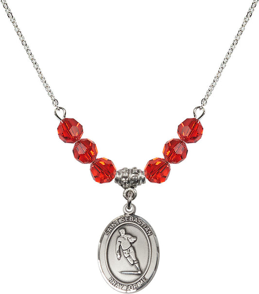 Sterling Silver Saint Sebastian / Rugby Birthstone Necklace with Ruby Beads - 8187