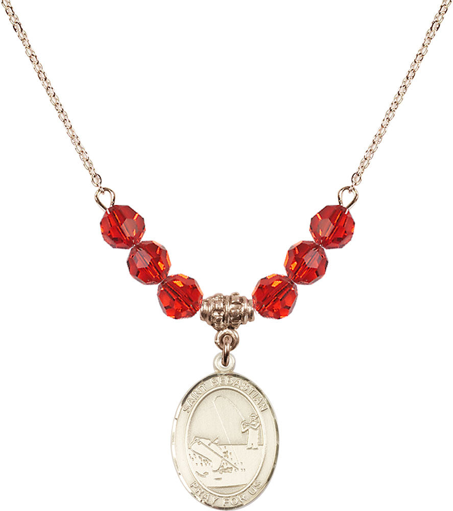 14kt Gold Filled Saint Sebastian / Fishing Birthstone Necklace with Ruby Beads - 8188