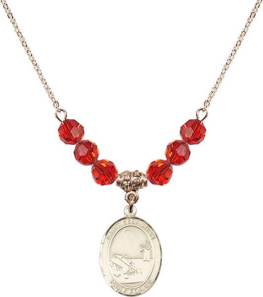 14kt Gold Filled Saint Sebastian / Fishing Birthstone Necklace with Ruby Beads - 8188