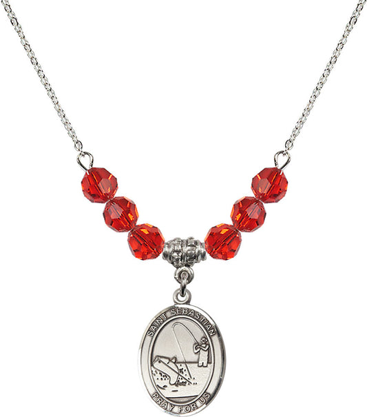 Sterling Silver Saint Sebastian / Fishing Birthstone Necklace with Ruby Beads - 8188