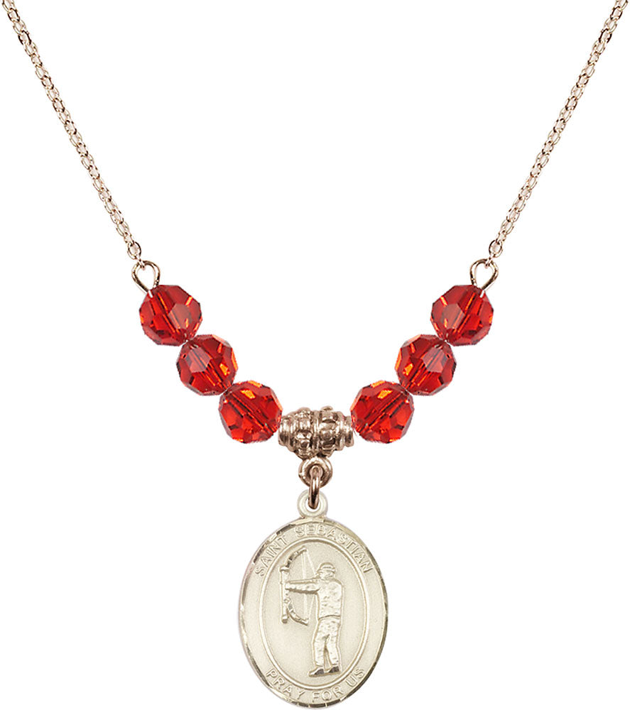 14kt Gold Filled Saint Sebastian / Archery Birthstone Necklace with Ruby Beads - 8189