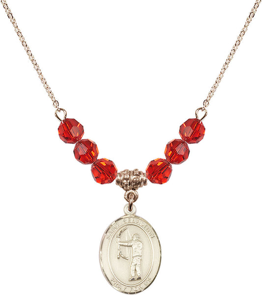 14kt Gold Filled Saint Sebastian / Archery Birthstone Necklace with Ruby Beads - 8189