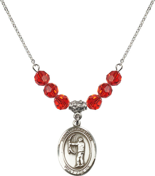 Sterling Silver Saint Sebastian / Archery Birthstone Necklace with Ruby Beads - 8189