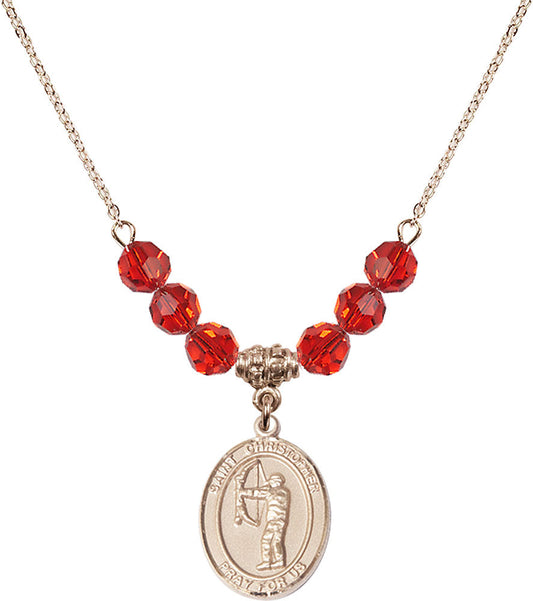 14kt Gold Filled Saint Christopher/Archery Birthstone Necklace with Ruby Beads - 8190