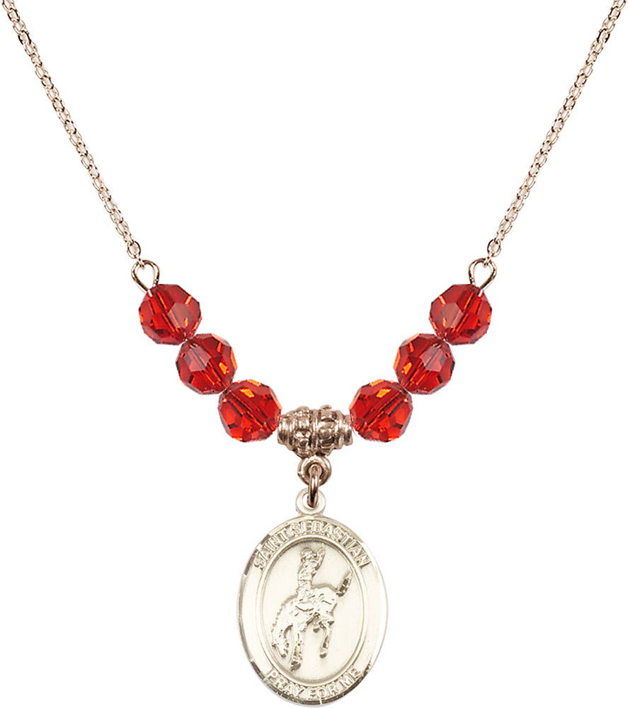 14kt Gold Filled Saint Sebastian / Rodeo Birthstone Necklace with Ruby Beads - 8191