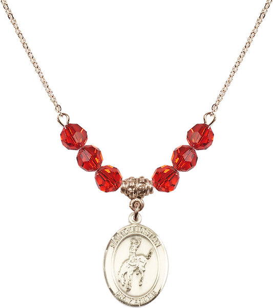 14kt Gold Filled Saint Sebastian / Rodeo Birthstone Necklace with Ruby Beads - 8191