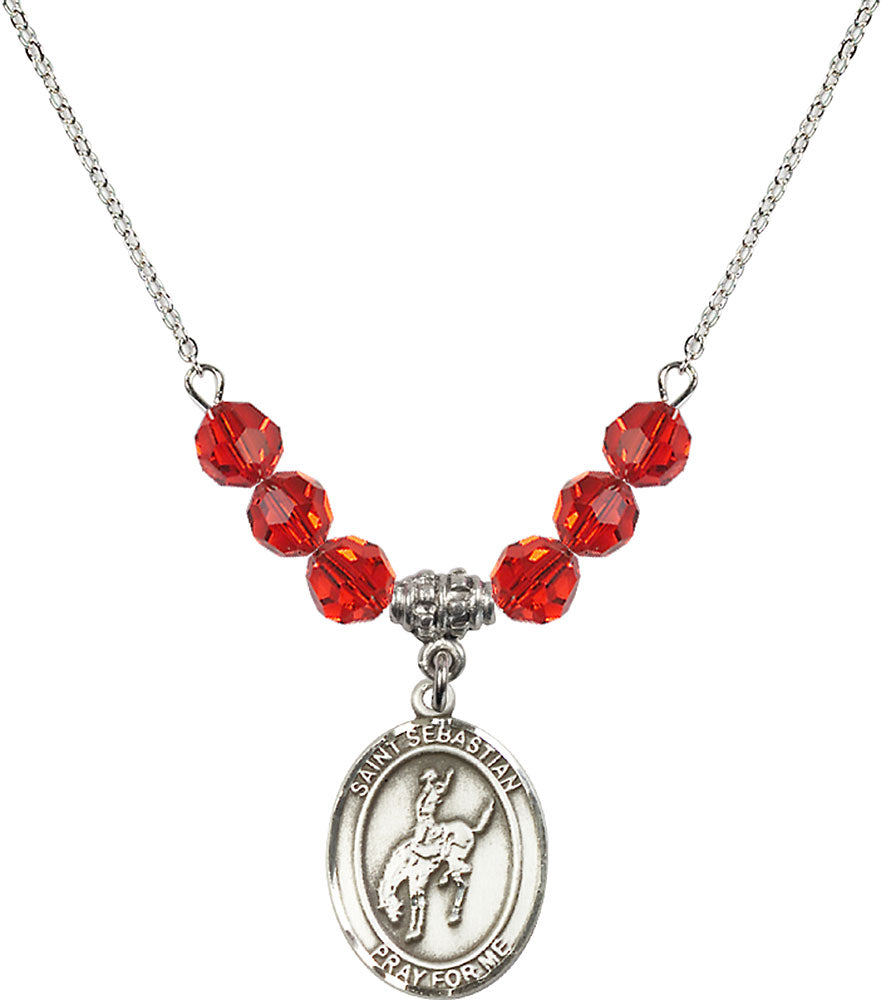 Sterling Silver Saint Sebastian / Rodeo Birthstone Necklace with Ruby Beads - 8191