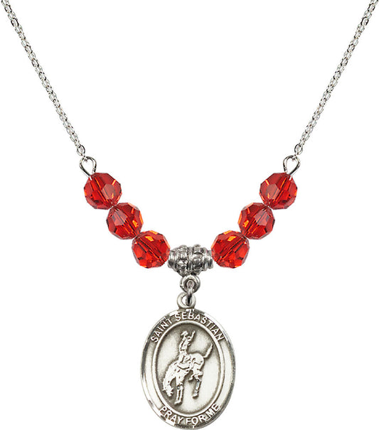 Sterling Silver Saint Sebastian / Rodeo Birthstone Necklace with Ruby Beads - 8191