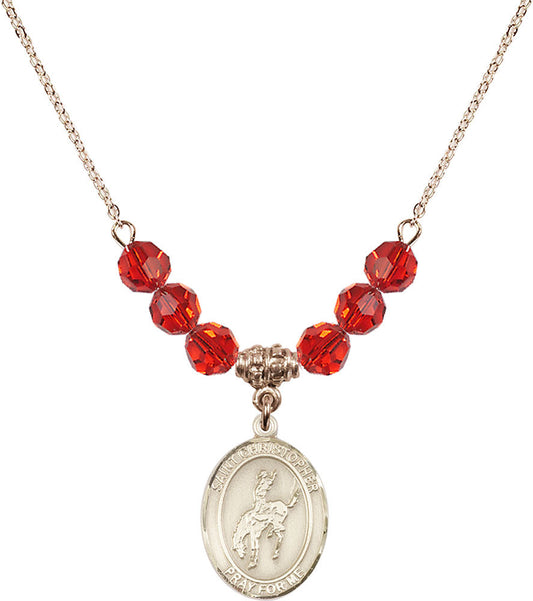 14kt Gold Filled Saint Christopher / Rodeo Birthstone Necklace with Ruby Beads - 8192