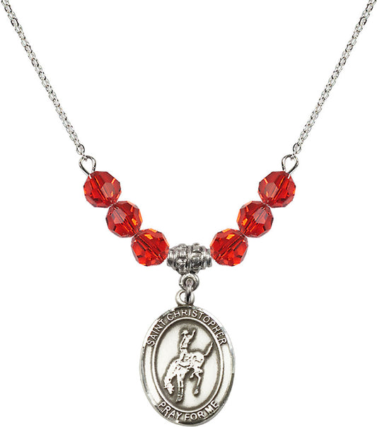 Sterling Silver Saint Christopher / Rodeo Birthstone Necklace with Ruby Beads - 8192