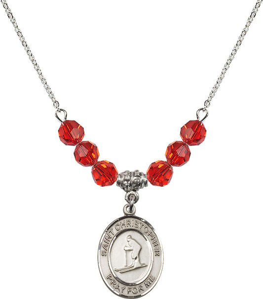 Sterling Silver Saint Christopher / Skiing Birthstone Necklace with Ruby Beads - 8193