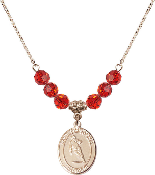 14kt Gold Filled Saint Christopher / Rugby Birthstone Necklace with Ruby Beads - 8194