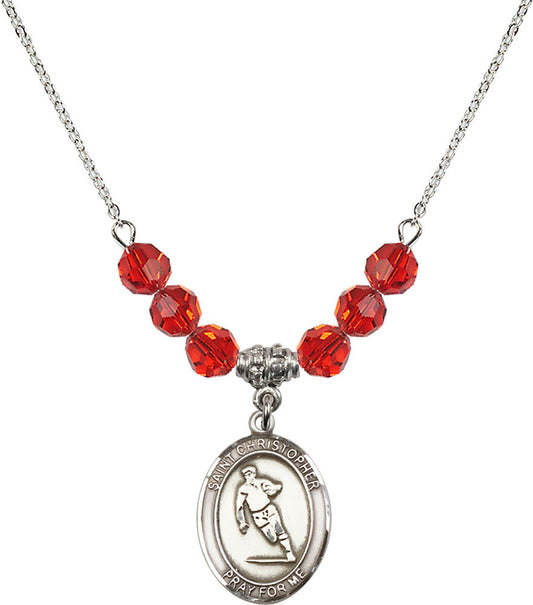 Sterling Silver Saint Christopher / Rugby Birthstone Necklace with Ruby Beads - 8194
