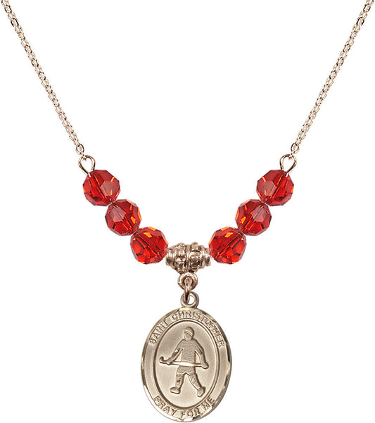 14kt Gold Filled Saint Christopher / Field Hockey Birthstone Necklace with Ruby Beads - 8195