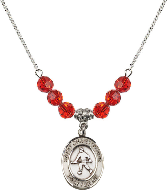 Sterling Silver Saint Christopher / Field Hockey Birthstone Necklace with Ruby Beads - 8195