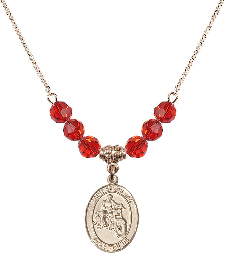 14kt Gold Filled Saint Sebastian / Motorcycle Birthstone Necklace with Ruby Beads - 8197