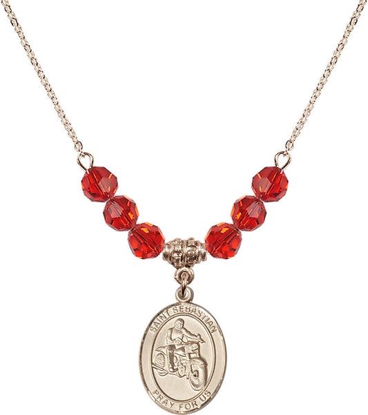 14kt Gold Filled Saint Sebastian / Motorcycle Birthstone Necklace with Ruby Beads - 8197