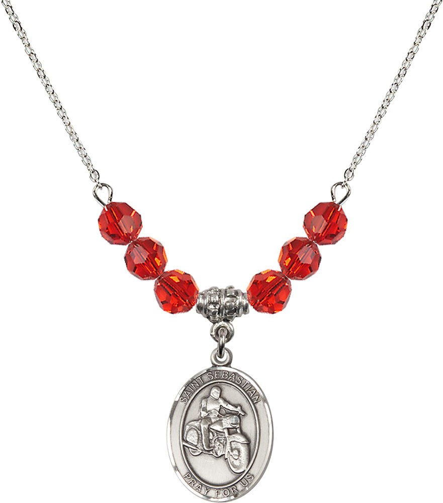 Sterling Silver Saint Sebastian / Motorcycle Birthstone Necklace with Ruby Beads - 8197