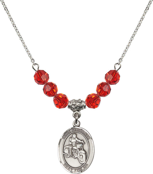Sterling Silver Saint Sebastian / Motorcycle Birthstone Necklace with Ruby Beads - 8197