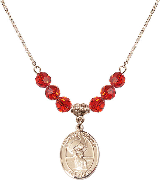 14kt Gold Filled Saint Christopher/Water Polo-Men Birthstone Necklace with Ruby Beads - 8198