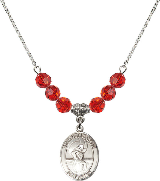 Sterling Silver Saint Christopher/Water Polo-Men Birthstone Necklace with Ruby Beads - 8198