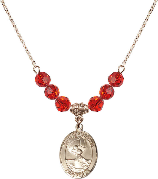 14kt Gold Filled Saint Christopher/Water Polo-Women Birthstone Necklace with Ruby Beads - 8199