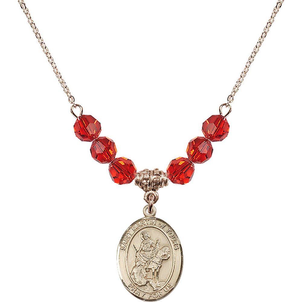 14kt Gold Filled Saint Martin of Tours Birthstone Necklace with Ruby Beads - 8200