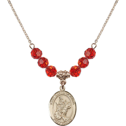 14kt Gold Filled Saint Martin of Tours Birthstone Necklace with Ruby Beads - 8200