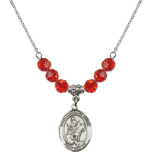 Sterling Silver Saint Martin of Tours Birthstone Necklace with Ruby Beads - 8200